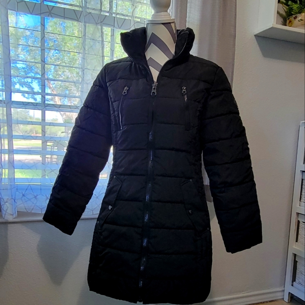 Nautica Black Long Quilted Puffer Coat